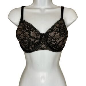 Victorias Secret 34D Vintage Unlined Floral Lace Balconette Bra Ruffle Mesh Trim